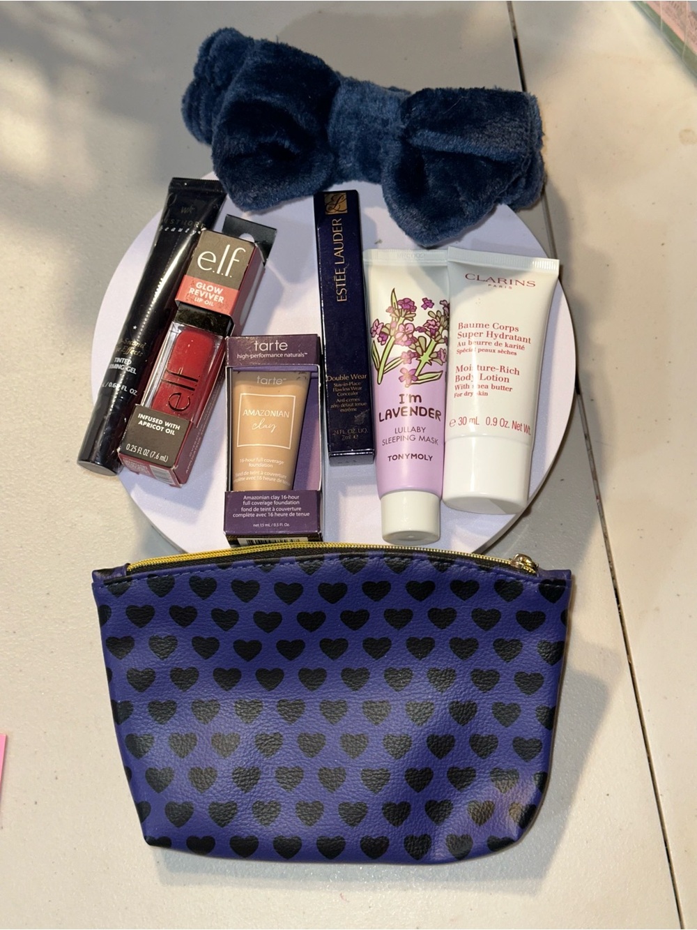 Navy Blue Heart Print Cosmetic Pouch with Makeup & Skincare